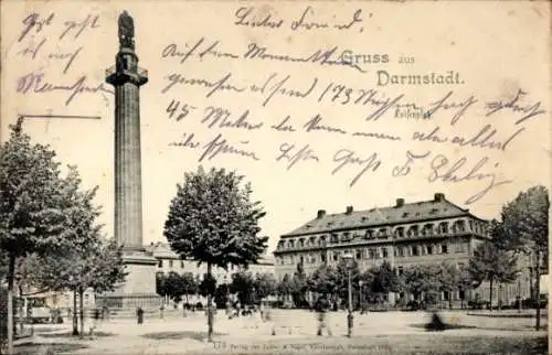 Ak Darmstadt in Hessen, Denkmalplatz, Säule, Gebäude, Postkarte mit Gruß aus Darmstadt