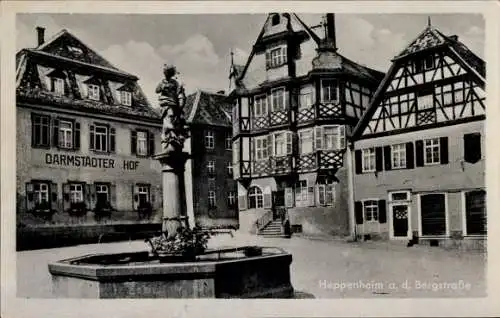 Ak Heppenheim an der Bergstraße, Marktplatz mit Brunnen, Apotheke, Darmstädter Hof
