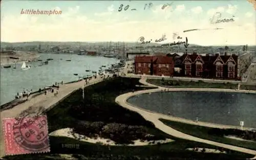 Ak Littlehampton West Sussex England, Küstenansicht, Fischerboote, Häuser am Wasser, Poststempel