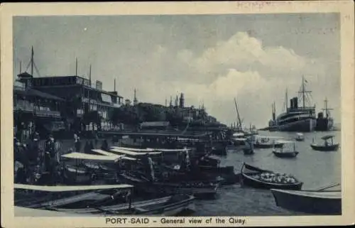 Ak Port Said Ägypten, Blick auf den Quai, Schiffe und Boote am Ufer, Restaurants im Hintergrund