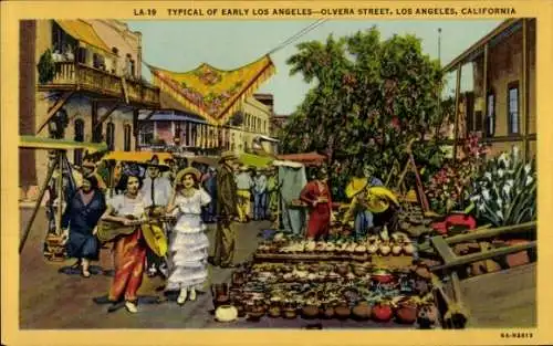 Ak Los Angeles Kalifornien USA, Olvera Street, typische mexikanische Marktstände, bunte Waren,...
