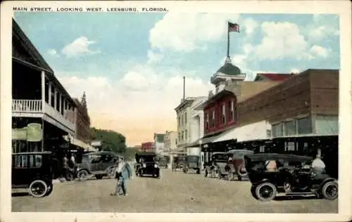 Ak Leesburg Florida USA, Hauptstraße mit Blick nach Westen