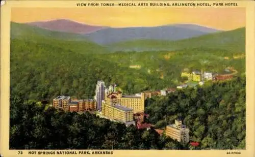 Ak Hot Springs Arkansas USA, Blick vom Turm, Medical Arts Building, Arlington Hotel, Park Hotel