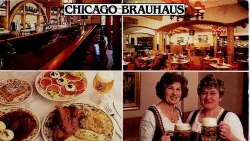 Ak Chicago Illinois USA, CHICAGO BRAUHAUS, Restaurantansicht, Speisen, zwei Frauen mit Bierkrügen