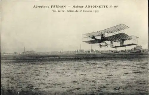 Ak Aeroplane Farman, construit par les Freres Voisin, Moteur Antoinette, Biplan, Flugpioniere