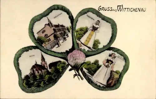 Kleeblatt Ak Wittichenau in der Oberlausitz, Waisenhaus, Kirche, Wendische Frauen in Tracht