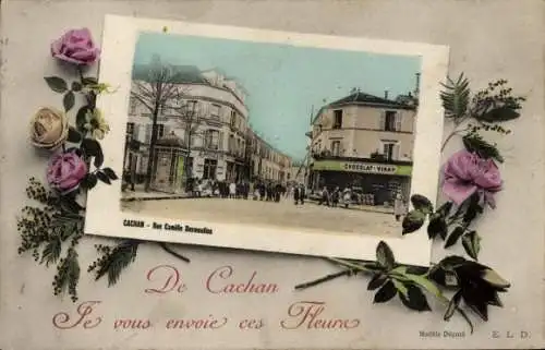 Ak Cachan Val de Marne, Stadtansicht von  Straße Camille Desmoulins, Schokolade Viray, Blumen