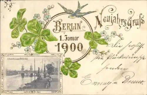 Passepartout Ak Berlin Friedrichshain Kreuzberg, Oberbaum-Brücke, Neujahr 1900, Klee