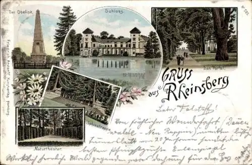 Ak Rheinsberg in der Mark, Obelisk, Schloss, Naturtheater, ntext in deutscher Sprache