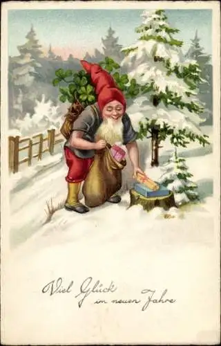 Ak Glückwunsch Neujahr, Zwerg, Geschenke, Tannenbäume, Glücksklee