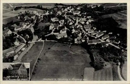 Ak Riedheim Leipheim an der Donau Schwaben, Luftaufnahme von Riedheim, Gasthaus 2. Krone, grüne W
