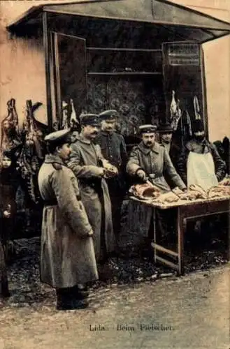Ak Lida Weißrussland, Soldaten beim Fleischer