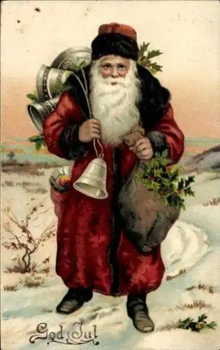 Ak Frohe Weihnachten, God Jul, Weihnachtsmann mit Glocken