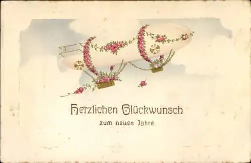 Präge Ak Glückwunsch Neujahr, Luftschiff, Blumen