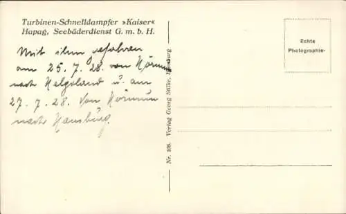 HAPAG Dampfer Kaiser, Seebäderdienst, Turbinenschnelldampfer