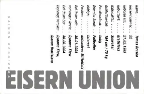 Autogrammkarte Tomas Brusko, 1. FC Union, BSR, Autogramm