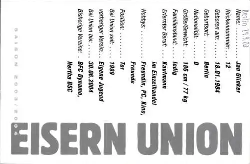 Autogrammkarte Jan Glinker, 1. FC Union, BSR, saller, Autogramm