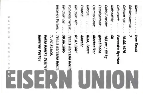 Autogrammkarte Ivan Kozak, 1. FC Union, BSR, saller, Autogramm