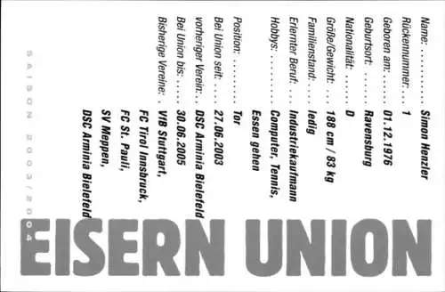 Autogrammkarte Simon Henzler, 1. FC Union, BSR, saller, Autogramm