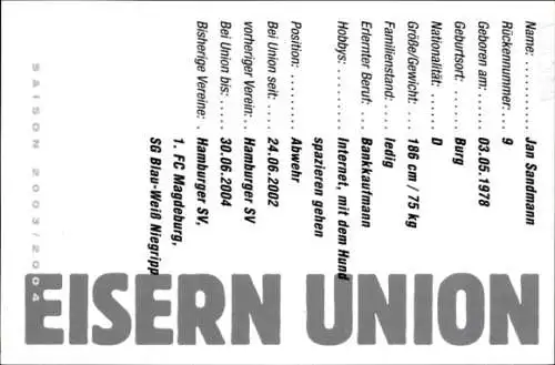 Autogrammkarte Jan Sandmann, 1. FC Union, BSR, saller, Autogramm