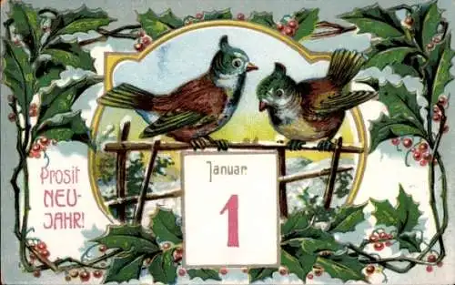 Ak Glückwunsch Neujahr, Vögel, Stechpalme, Kalender