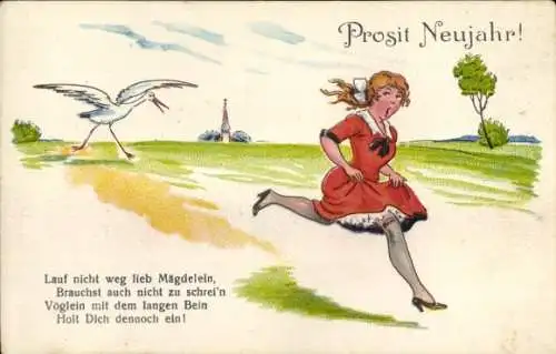 Ak Glückwunsch Neujahr, Lauf nicht weg lieb Mägdelein, Storch verfolgt eine Frau
