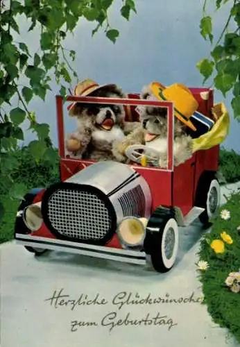 Ak Glückwunsch Geburtstag, vermenschlichte Hunde im Auto