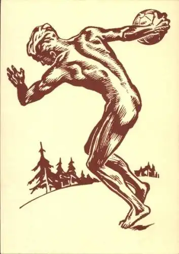 Künstler Ak nackter Sportler beim Medizinballweitwurf, Körperstudie