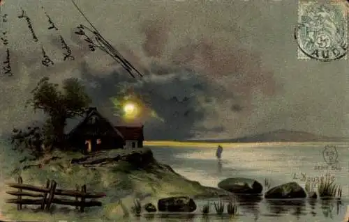 Mondschein Künstler Ak Xouzette, L., Wohnhaus am See, Nacht