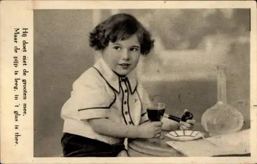 Ak Kind mit Tabakpfeife und Weinglas