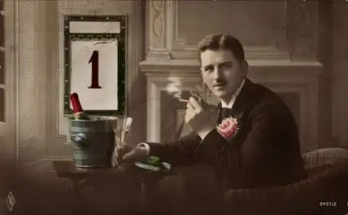 Ak Glückwunsch Neujahr, Mann im Anzug mit Zigarette, Sekt, Kalenderblatt