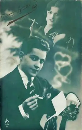 Ak Glückwunsch Neujahr, Mann und Frau rauchen