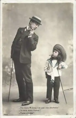 Ak Portrait, Kind mit Zigarre, Mann im Anzug mit Zigarre und Hut