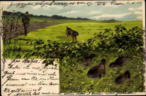 Künstler Litho Mailick, Jagdszene, Jäger, Jagdhund, Hasen