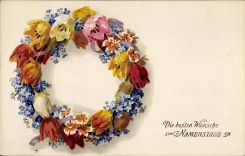 Ak Die besten Wünsche zum Namenstage, Blumenkranz