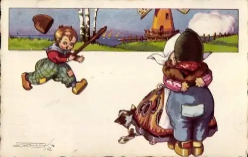 Künstler Ak zwei Kinder in Tracht umarmen einander, Eifersuchtsszene