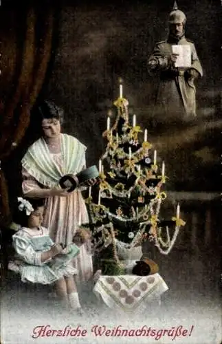Ak Glückwunsch Weihnachten, Tannenbaum, Soldat, Frau mit Kind