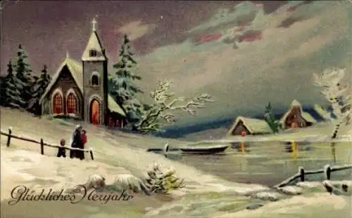 Künstler Ak Glückliches Neujahr, Kirche