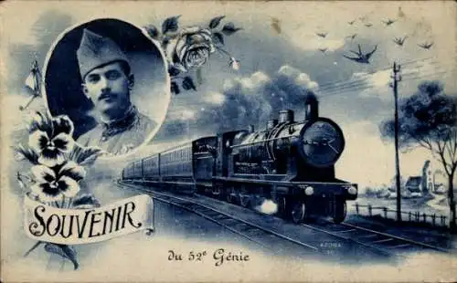 Ak Souvenir du 52e Genie, französischer Soldat, Eisenbahn