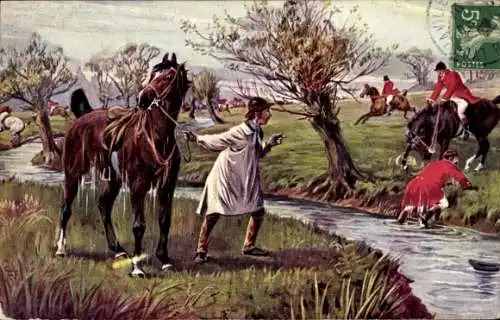 Ak Lyon Rhône, Jagdszene, ein Reiter zu Pferd, Hunde, zwei weitere Reiter im Hintergrund, davo...