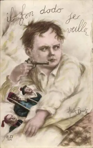 Ak Angoulême Charente, Vorderseite einer Postkarte mit einem Jungen im Bett, der eine Pistole ...