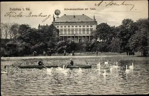 Ak Zwickau in Sachsen, Schwanenschloss am Teich, Ruderboot, Schwäne