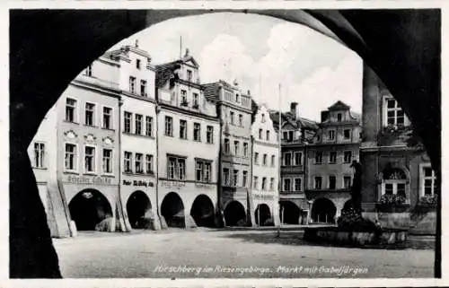 Ak Jelenia Góra Hirschberg im Riesengebirge, Marktplatz, Gabeljürgen, Geschäfte