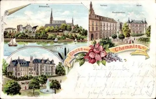 Litho Chemnitz Sachsen, Schlossteich, Rathaus, Becker Denkmal, Börse