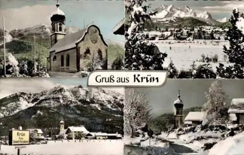 Ak Krün in Oberbayern, Teilansichten im Winter, Kirche