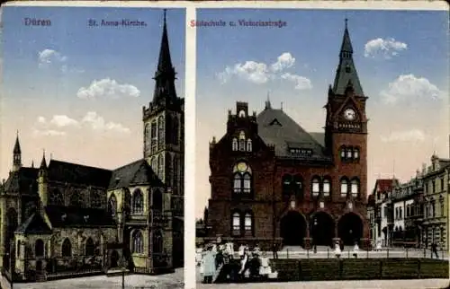 Ak Düren im Rheinland, St. Anna-Kirche, Südschule, Victoriastraße