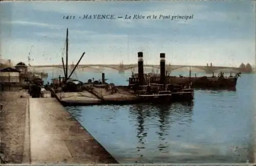 Ak Mainz am Rhein, Mayence, Rhein, Hauptbrücke, Schiffe, Hafen, Stadtansicht