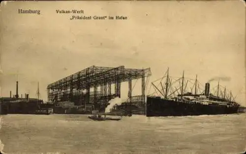 Ak Hamburg Mitte St. Pauli, Helgoländer Allee, Vulkan-Werft, Präsident Grant, Schiff im Hafen,...