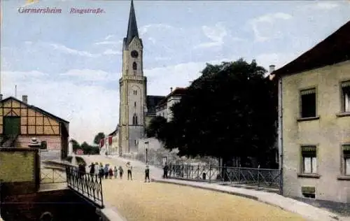 Ak Germersheim am Rhein, Ringstraße, Kirchturm, Straße mit Bäumen, Menschen