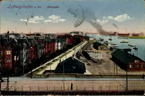 Ak Ludwigshafen am Rhein, Ludwigshafen a. Rh., Rheinufer, historische Gebäude, Wasserweg